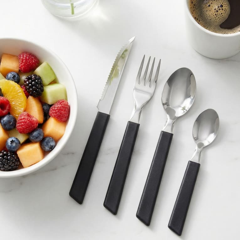 Faqueiro Inox 16 Peças Com Pote Preto Vermelho Kit Cozinha Jogo de Talheres
