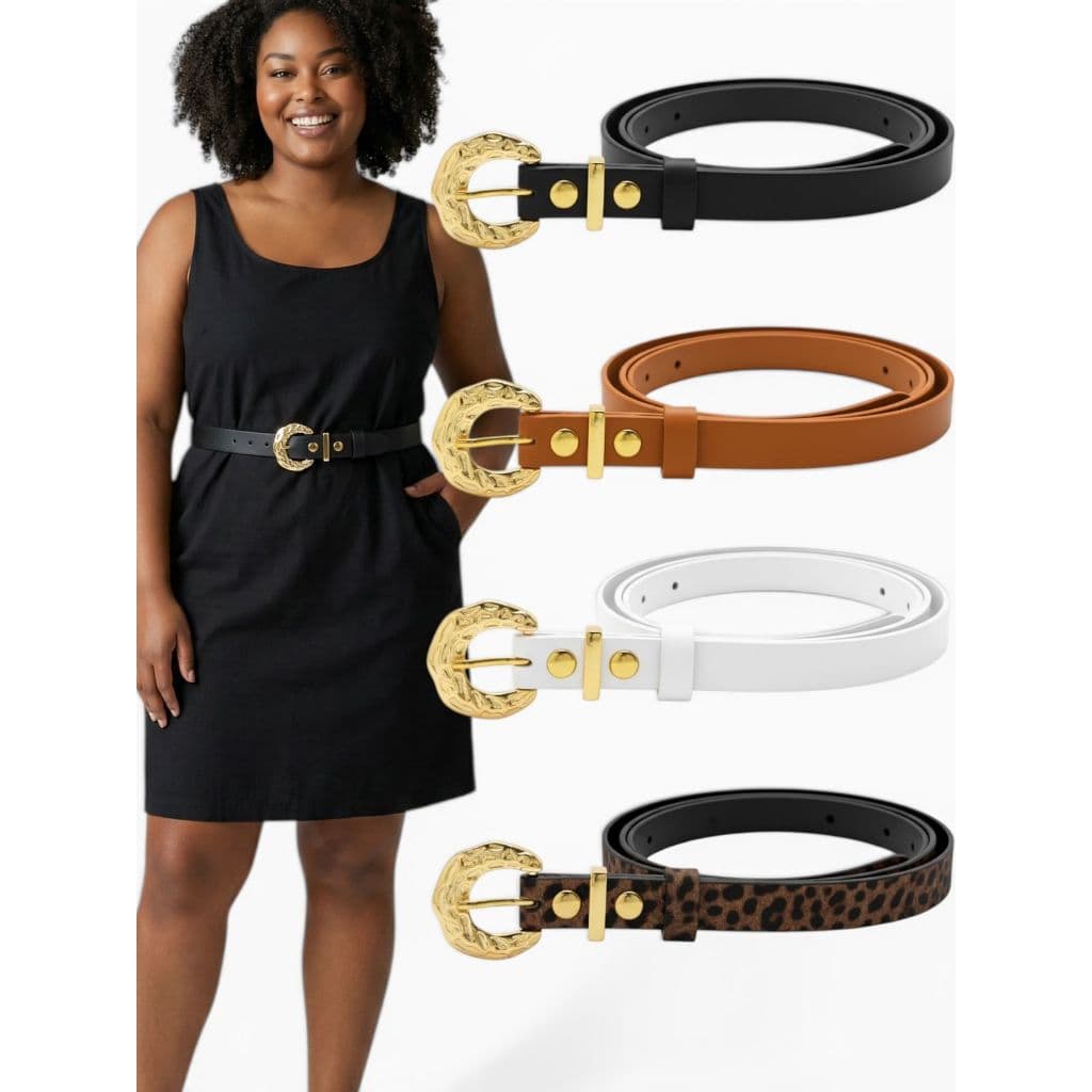 Kit4 Cinto Feminino Blogueira Couro Sintético 1,5cm Fivela Dourada Fashion Básico - Jenifer