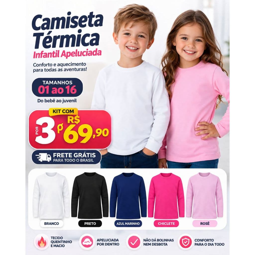 Kit 3 Blusas Térmicas Infantil Segunda Pele Inverno Roupa de Frio Criança 01 ao 14 anos