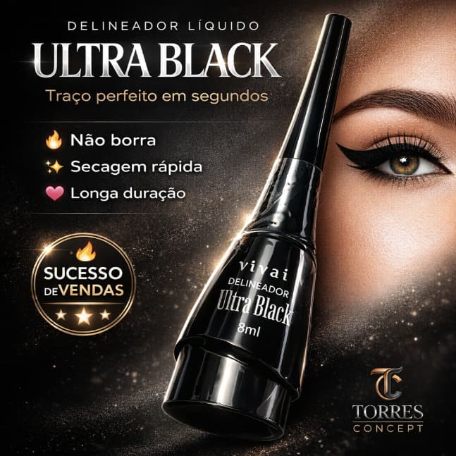 Delineador Líquido Ultra Black Vivai Maquiagem Olho Gatinho Secagem Rápida Longa Duração Ponta Fina