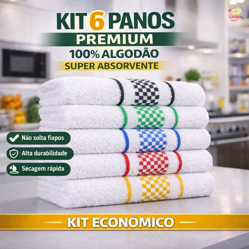 Kit Pano de Prato 6 Peças 100% Algodão Macio Grosso Alta Absorção 45x70 Toalha Cozinha
