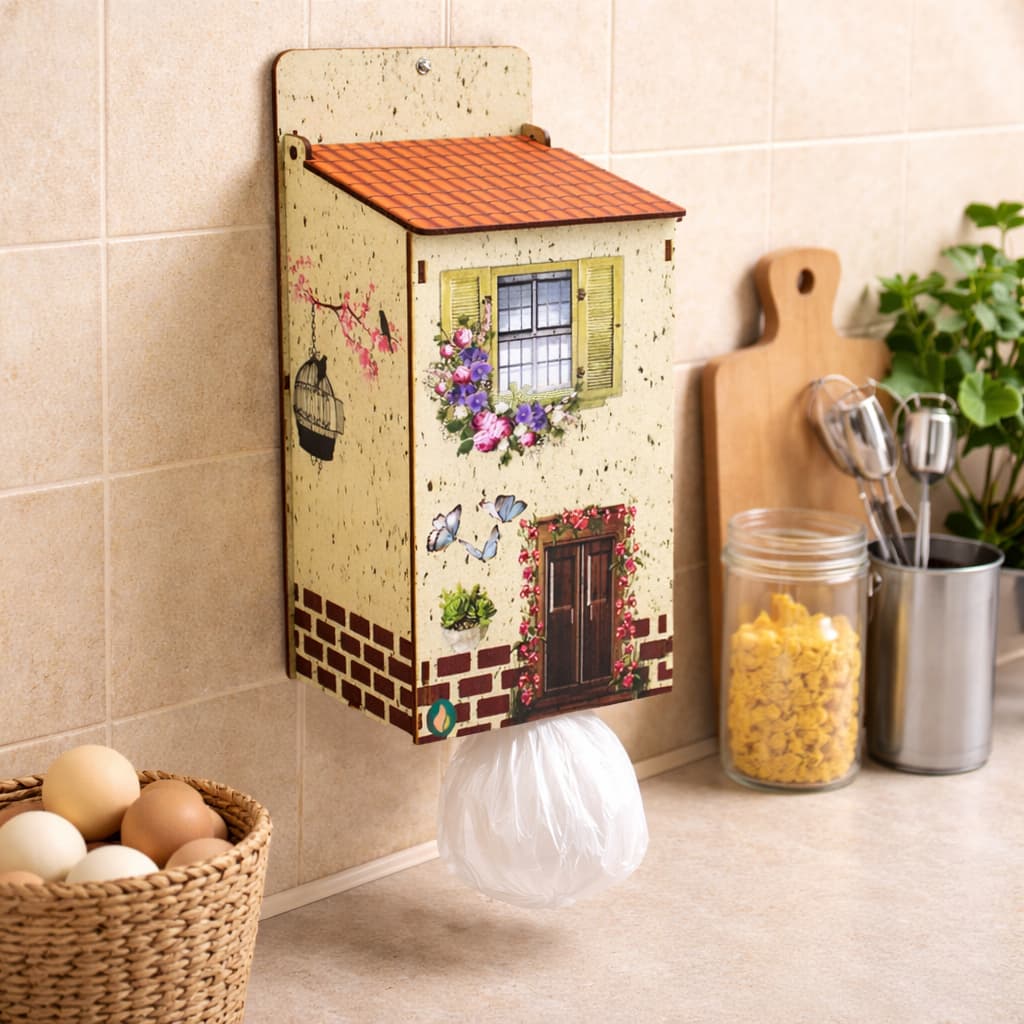 Puxa Saco de Parede Porta Sacolas Organizador Cozinha Casinha em MDF Decorativo