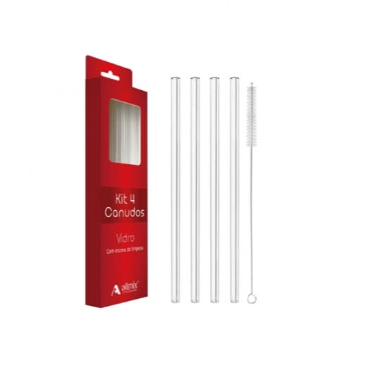 Canudo de Vidro 20cm Transparente Kit 5Un Lavavel com Escova