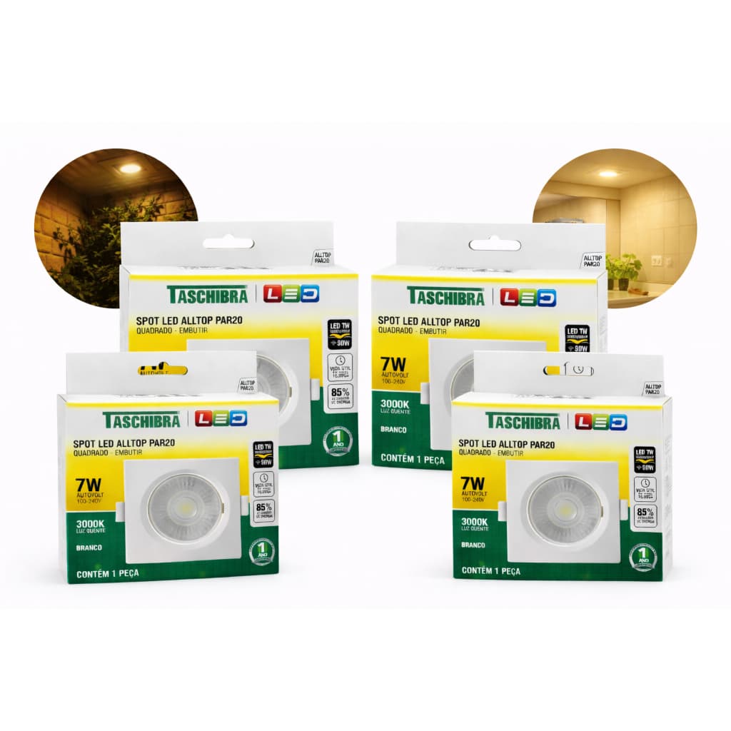 SPOT LED 7W QUADRADO EMBUTIR PAR20 LAMPADA LUZ AMARELA BIVOLT 3000K TASCHIBRA - 4 PEÇAS