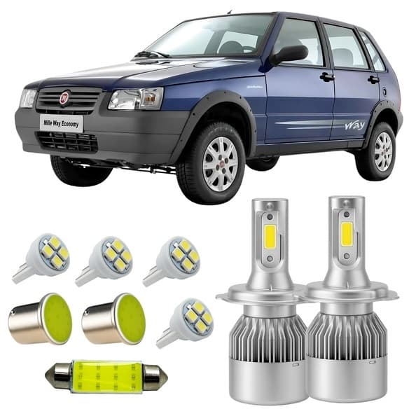 Kit Super Led H4 Fiat Uno Mile + Led Ré Teto Placa Farolete