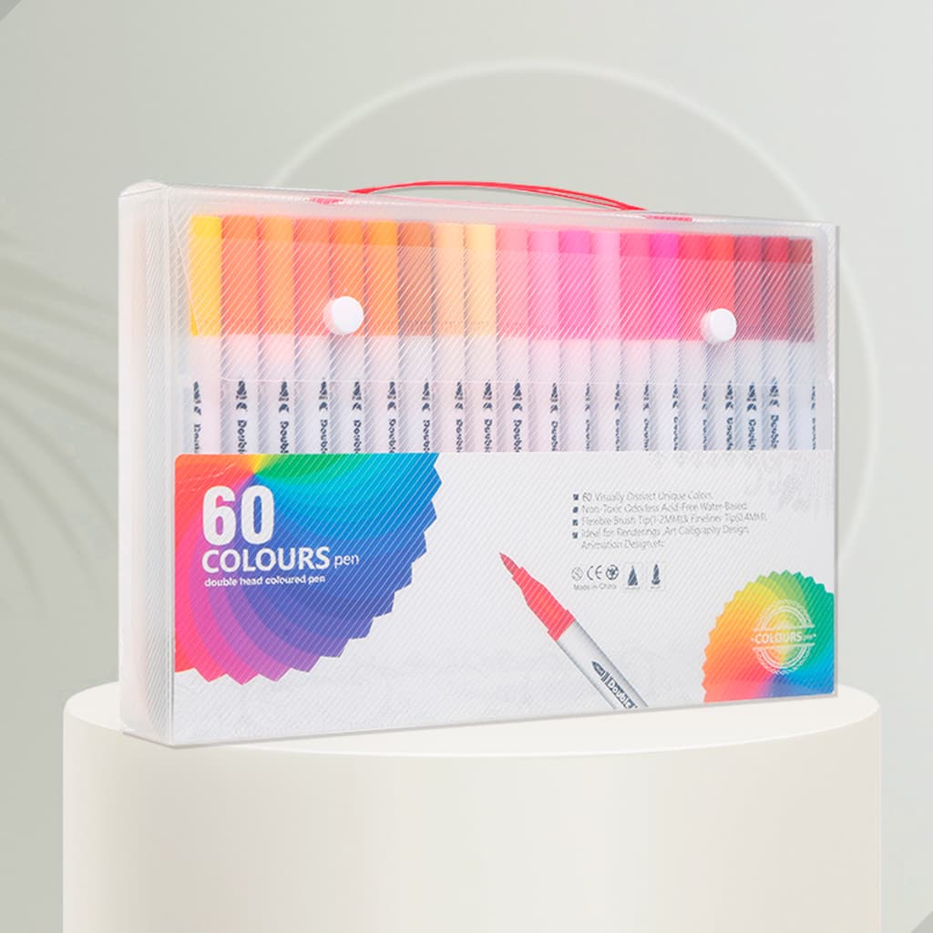 Kit Com 60 Canetas 2 em 1 Brush Pen Lettering e Ponta Fina Dual Canetinha Para Colorir Desenho
