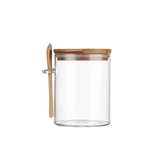 Pote Hermético Vidro Redondo Com Colher Tampa De Bambu 450ml