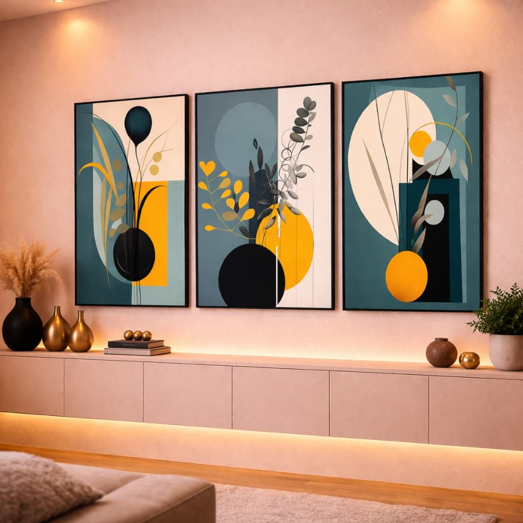 Quadro Decorativo Abstrato Trio Nordic Azul Amarelo 3 Peças