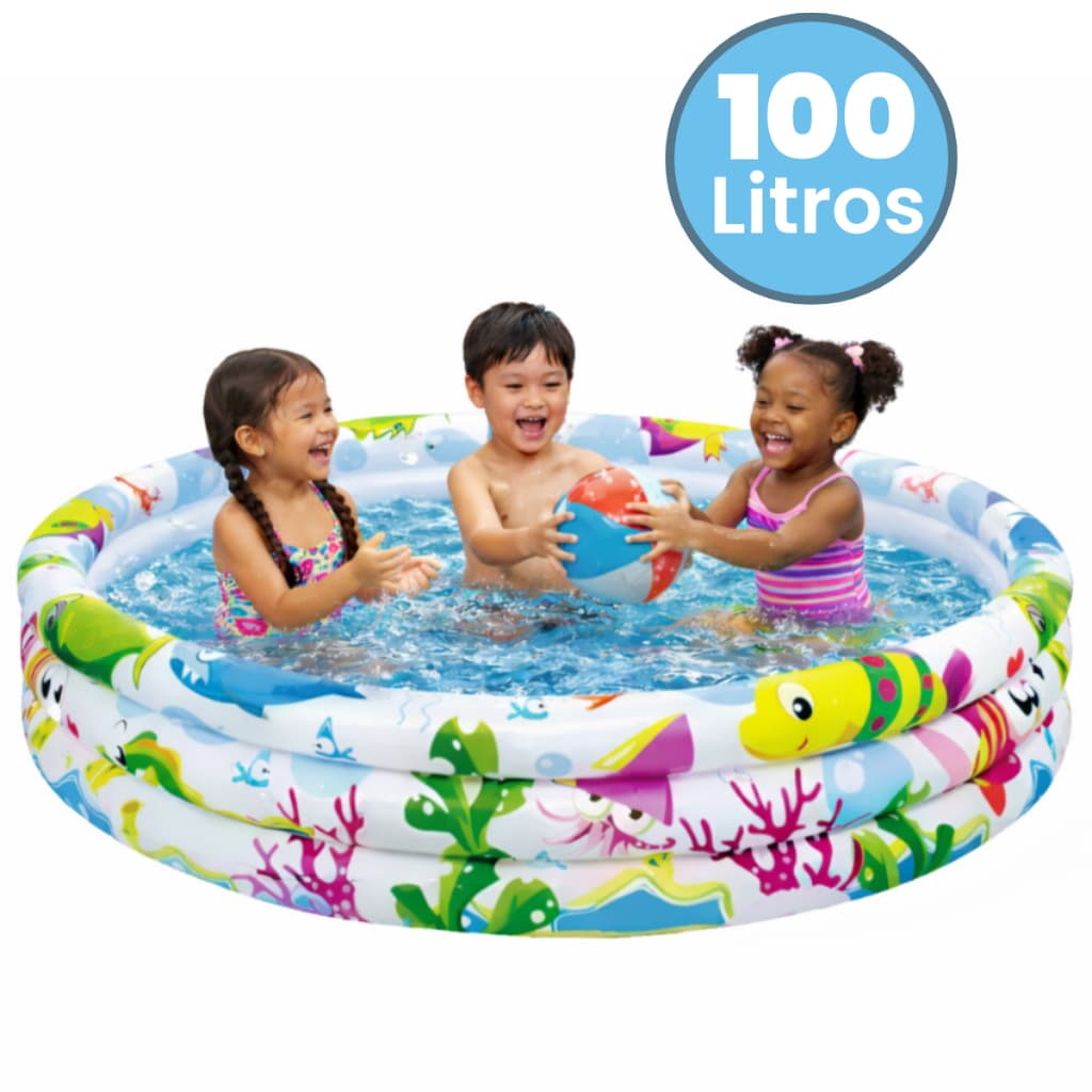 Piscina Infantil Inflável Redonda 100 Litros 3 Anéis Fundo Do Mar