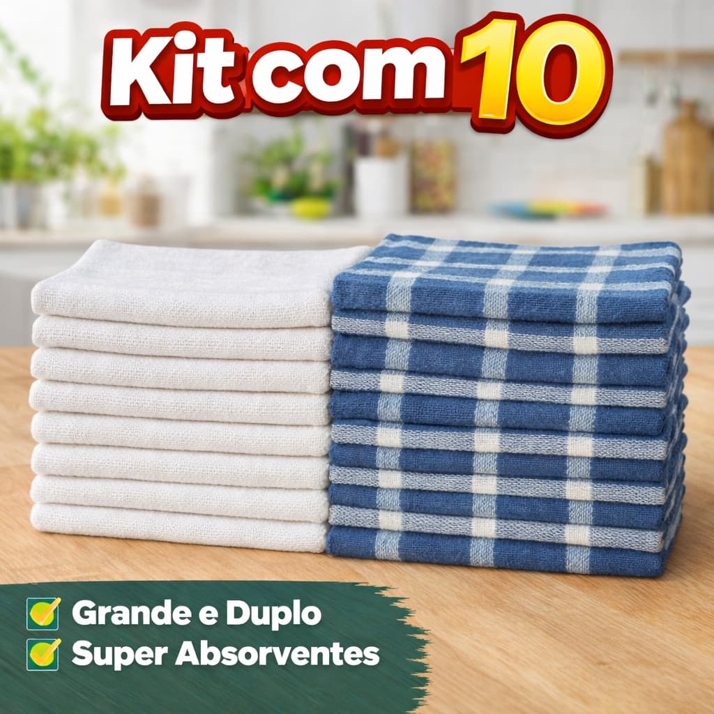 Kit  10  Panos de Chão Xadrez Alvejado Alta Absorção Limpeza Casa Cozinha Resistente Durável Premium