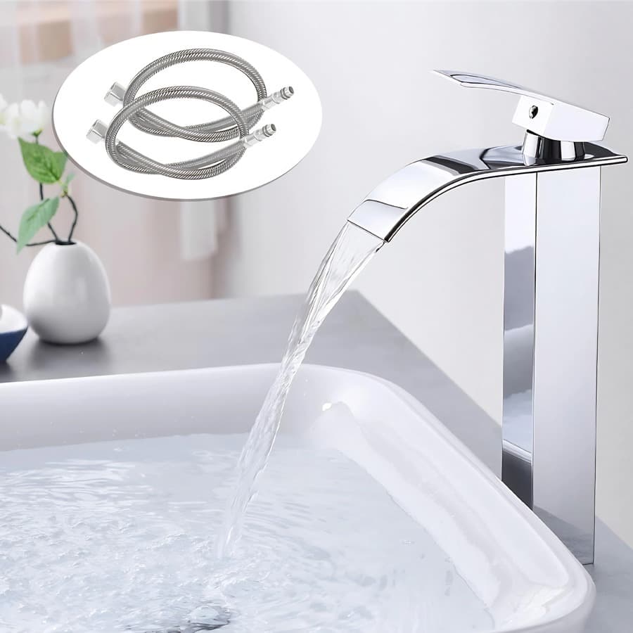 Torneira Banheiro Cascata Bica Alta Misturador Monocomando Quente e Fria para Cuba de Apoio 30cm prata