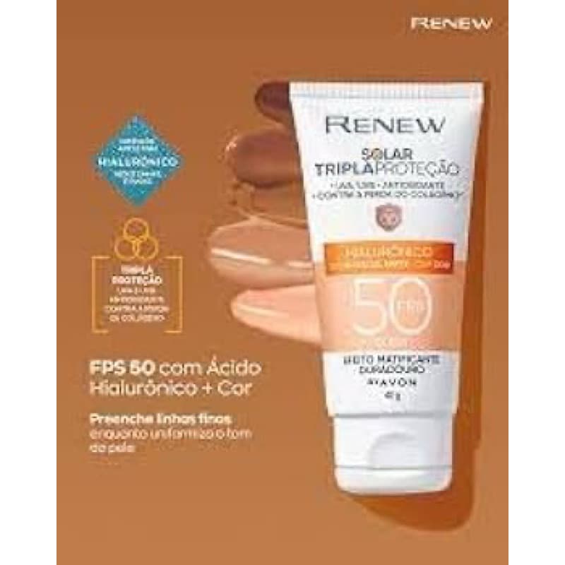 Protetor Solar Facial Avon Renew FPS 50 com Cor Anti-Idade Efeito Base Matte