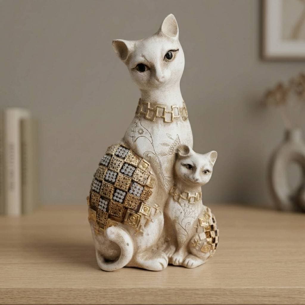 Gata Com Filhote Em Gesso Estatueta Decorativa Para Sala Estatua Gesso