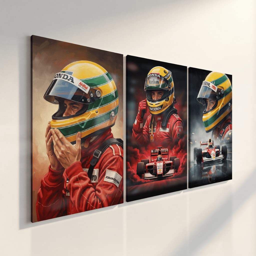 Quadros Decorativos Ayrton Senna Retrato Corrida Clássica Motorsport Lenda Kit 3 Peças