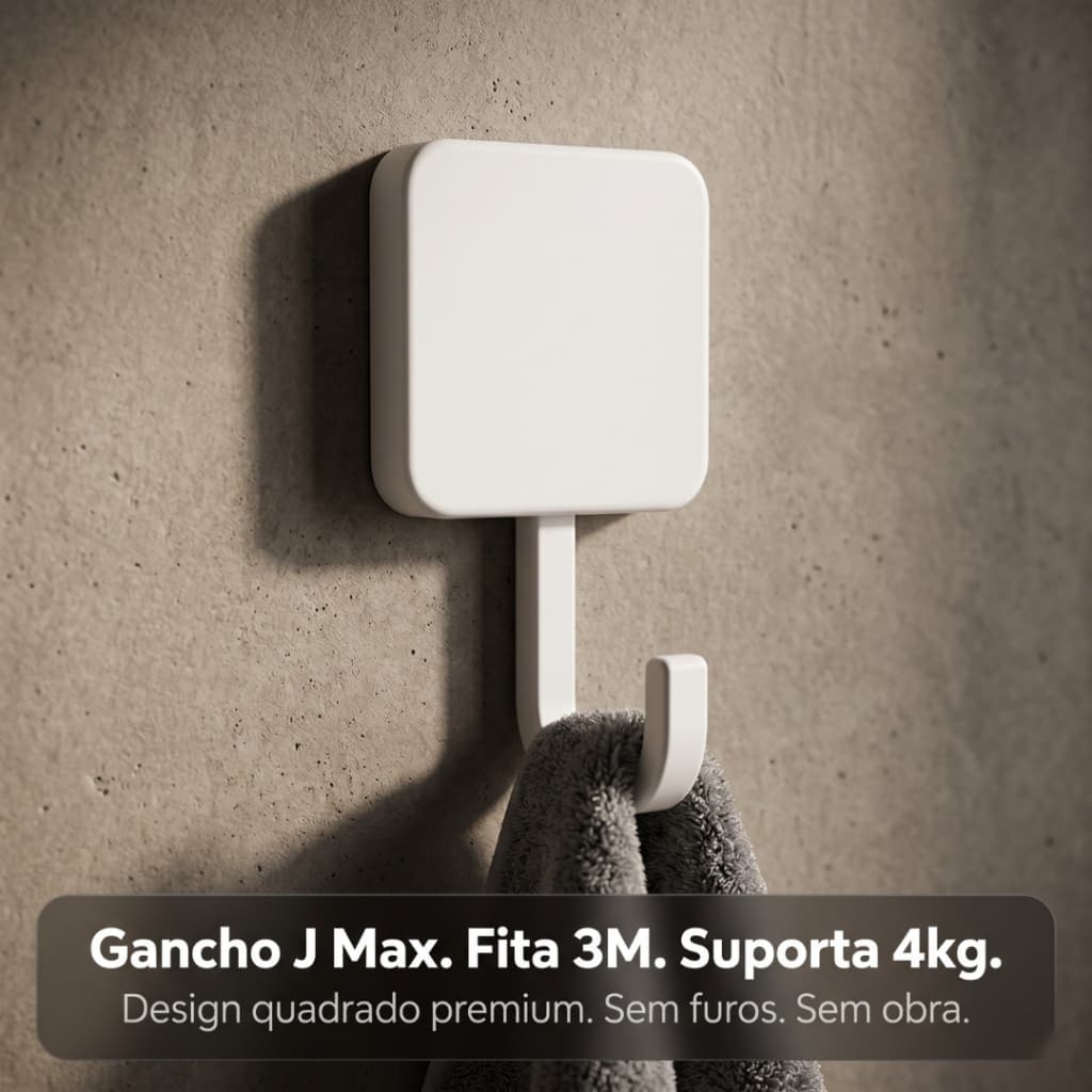 Gancho J Max Quadrado Parede Adesivo Sem Furo Fita 3M Suporta 4kg Porta Toalha Roupão Banheiro