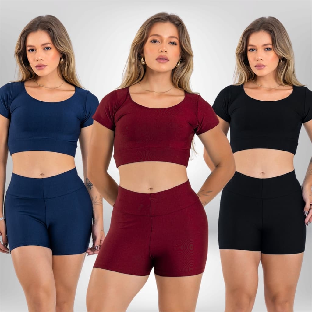 Conjunto Academia Feminino Blusinha Top com manga e Short Empina Bumbum Cintura Alta em Suplex
