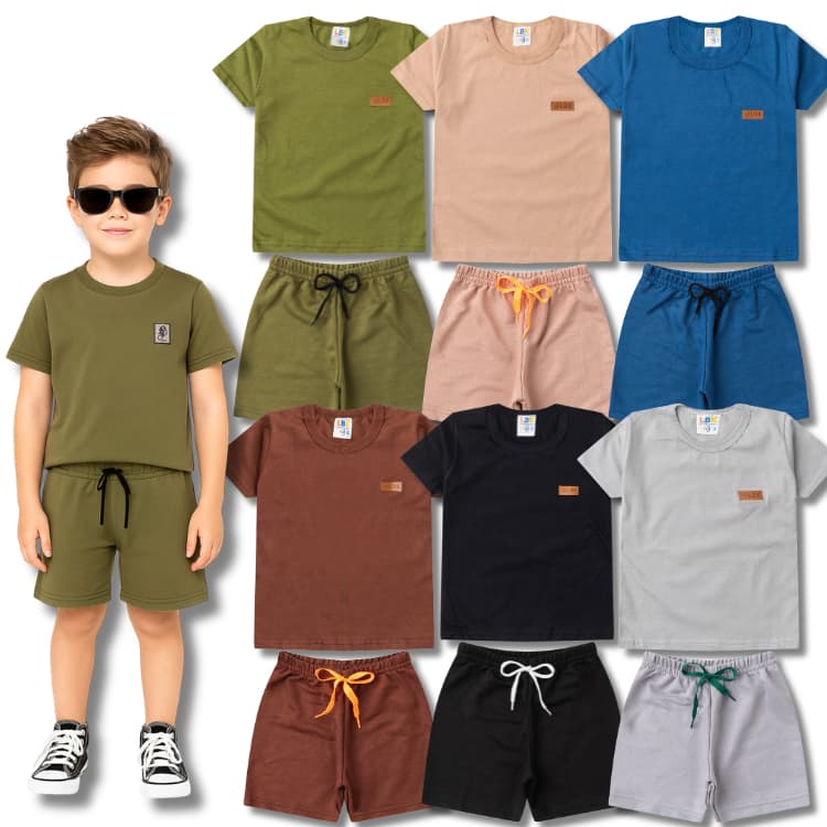 Kit Sortido 3 ou 5 Conjuntos Camiseta Monocromático Liso Masculino Infantil Juvenil - Escolar