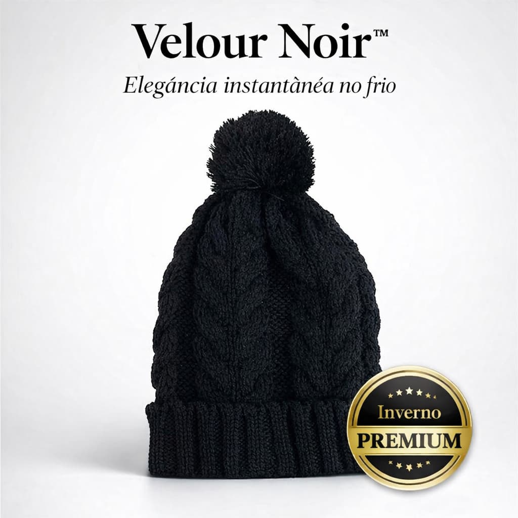 Touca Feminina Inverno Preta com Pompom Lã Tricot Quente Velour Noir™ Tendência 2026 Estilo Europeu