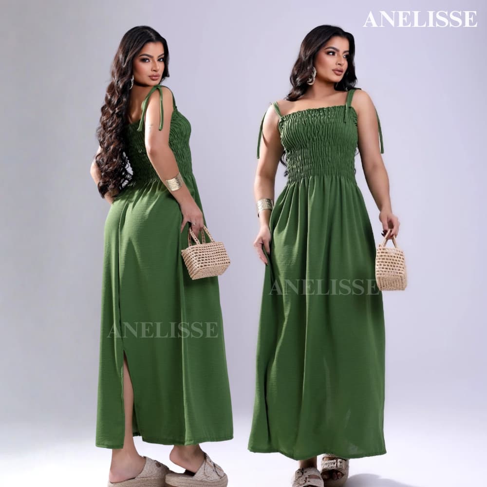 Vestido longo feminino com alça ajustável lastex e fenda lateral tecido duna