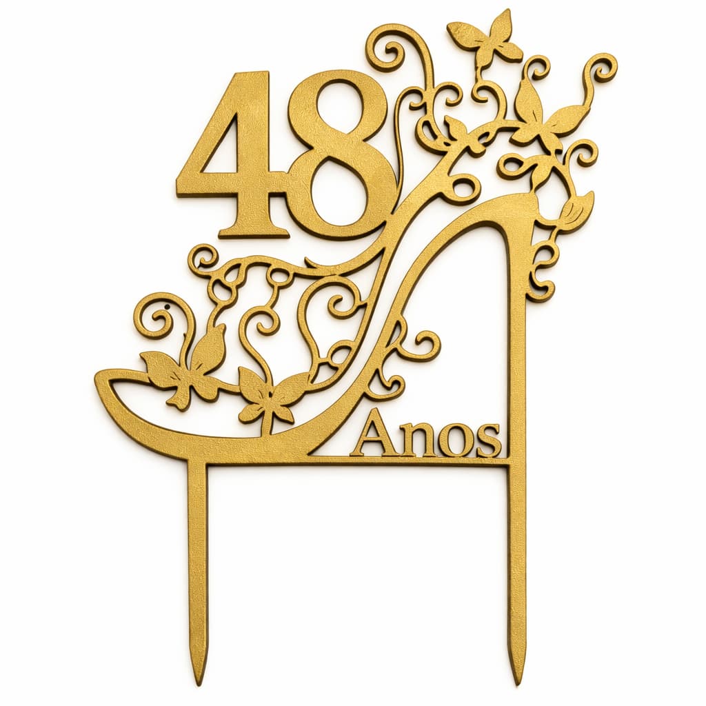 Topo de Bolo 48 Anos Luxo Topper 15cm Decorativo Sapato Festa Aniversário Bodas