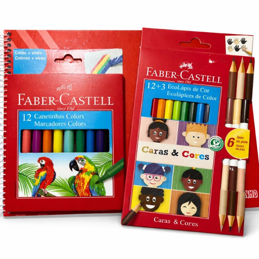 Kit Escolar Infantil Faber-Castell Completo Desenho + Lápis de Cor + Canetinhas 12 Cores
