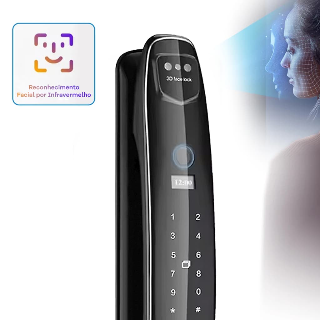 Fechadura Digital Facial Biometria Senha TAG App Bateria Recarregável Alta Segurança