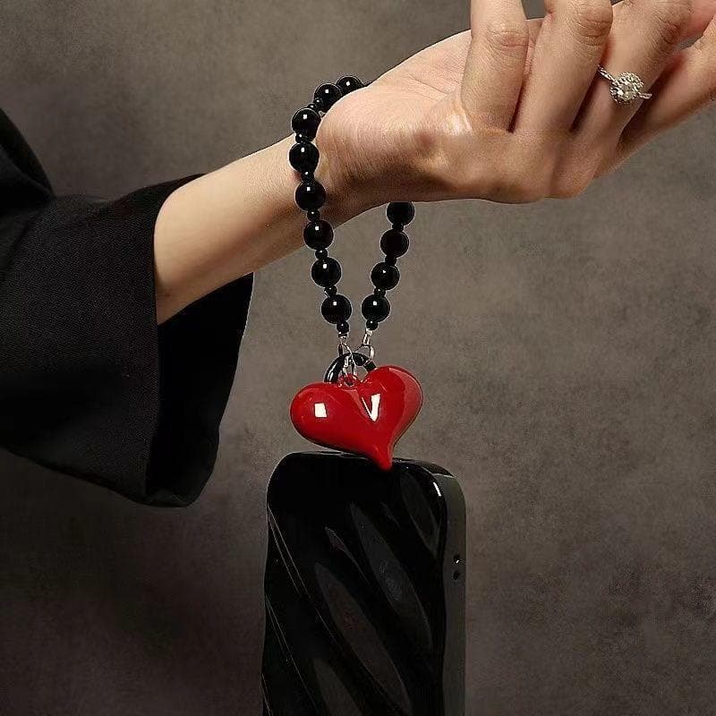 Alça Phone Strap para Celular — Coração Vermelho 3D com Miçagas Pretas de Alto Brilho