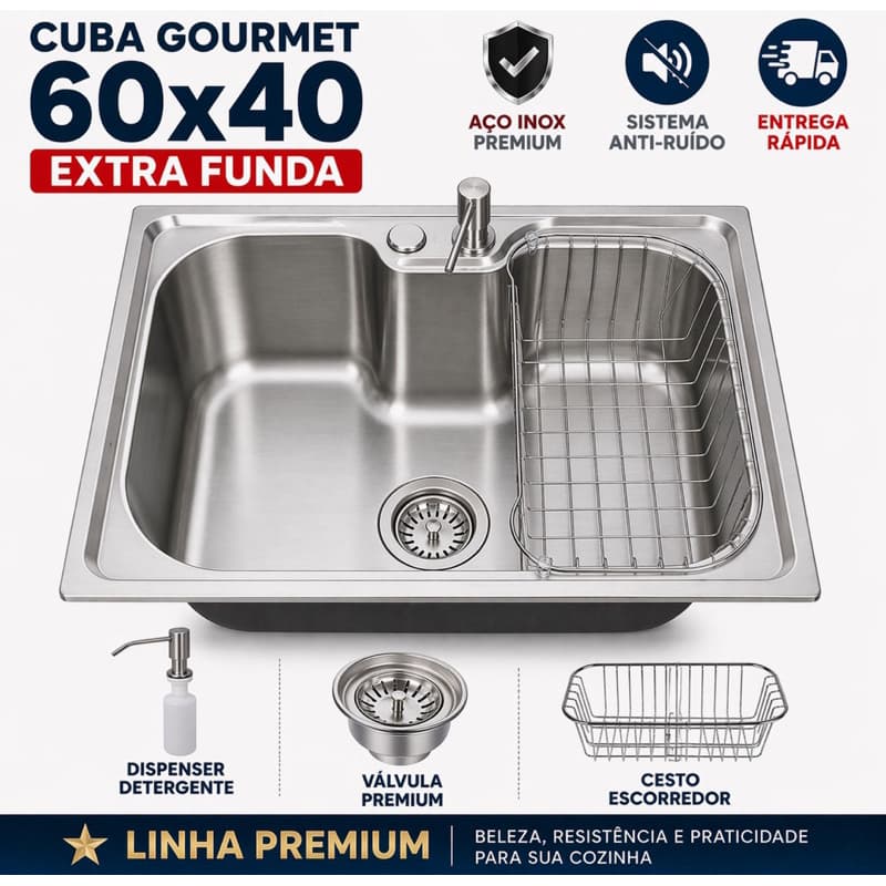 Cuba Gourmet Luxo Premium Inox 60x40 + Valvula + Cestinho + Dispenser Detergente