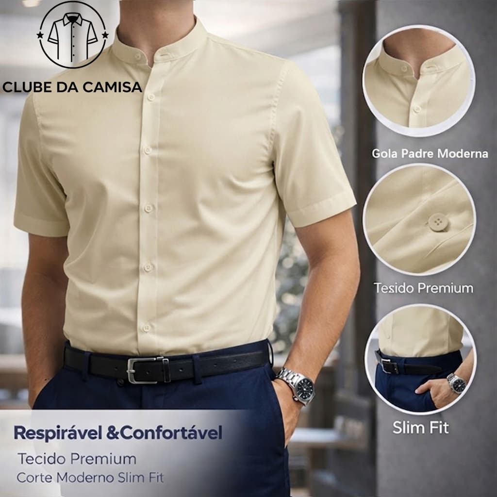 Camisa Masculina de Manga Curta Moderna  Gola Mandarim Tecido com Elasticidade e Corte Slim Fit