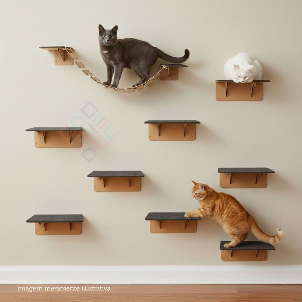 Kit Playground Para Gato MDF Completo 9 Peças Prateleira Ponte Antiderrapante Plataforma Parede Casa