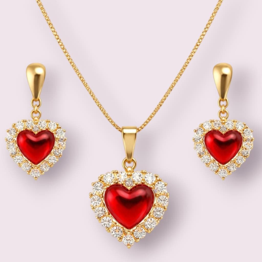 Conjunto Colar e Brinco Coração Pedra Vermelha Folheado a Ouro