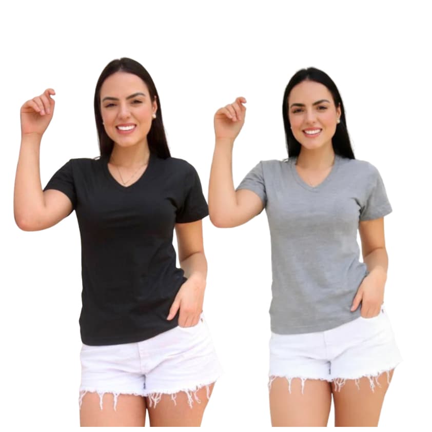 Kit 2 Camisetas Femininas Gola V 100% Algodão Cores Vivas e Toque Macio
