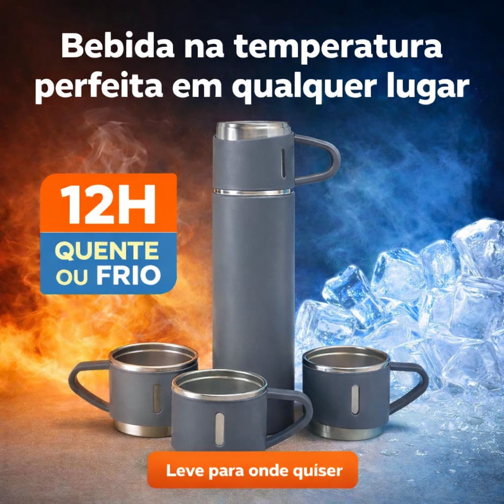 Garrafa Térmica Inox 500ml com 3 Xícaras Conserva Quente e Frio 12h Viagem Academia Cinza