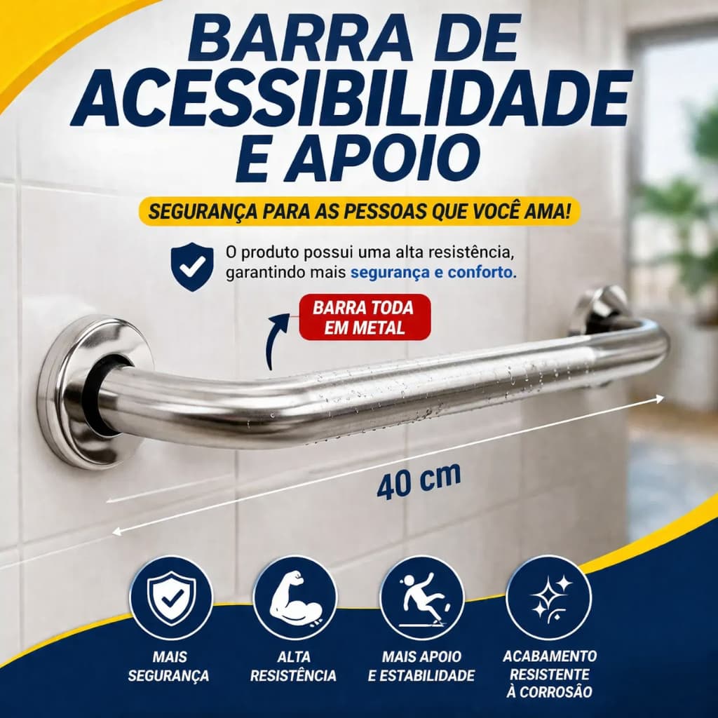 Barra Alça De Apoio Para Idoso Deficiente 40 Cm Em Inox