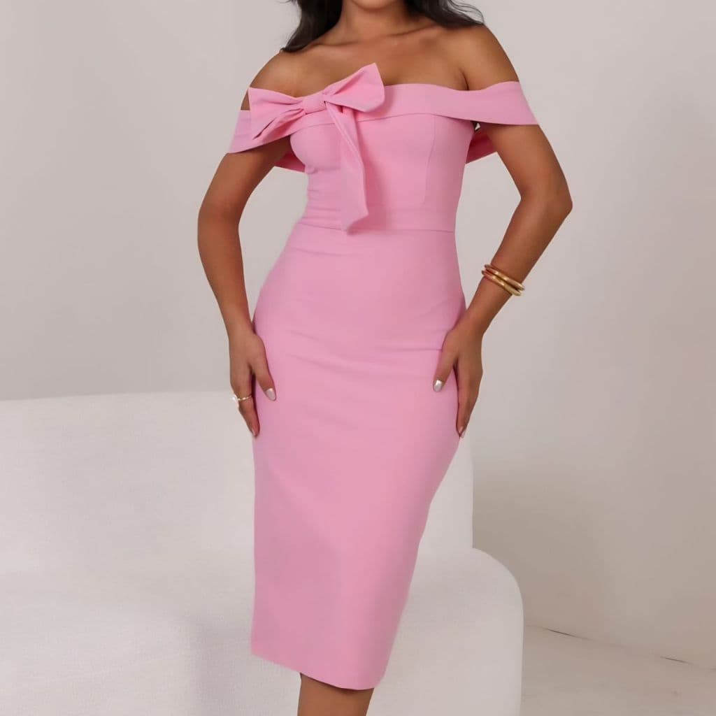 Vestido Midi Tomara Que Caia Feminino  Ombro A Ombro Tubinho Confortável Laço Lateral Elegante Rosa Bebê