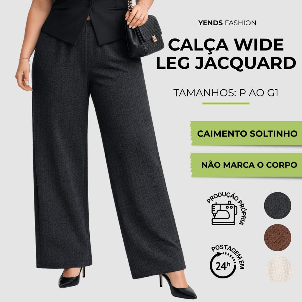 Kit 2 ou 3 Calça Feminina Plus Size Wide Leg Pantalona Elegante Cintura Alta Jacquard Do P ao G1