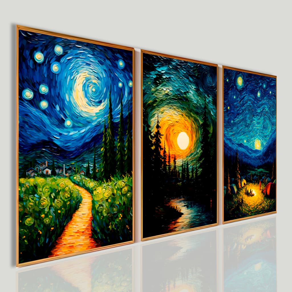 Kit 3 Quadros Decorativos Noite Estrelada Van Gogh Arte Moderna Sala Luxo