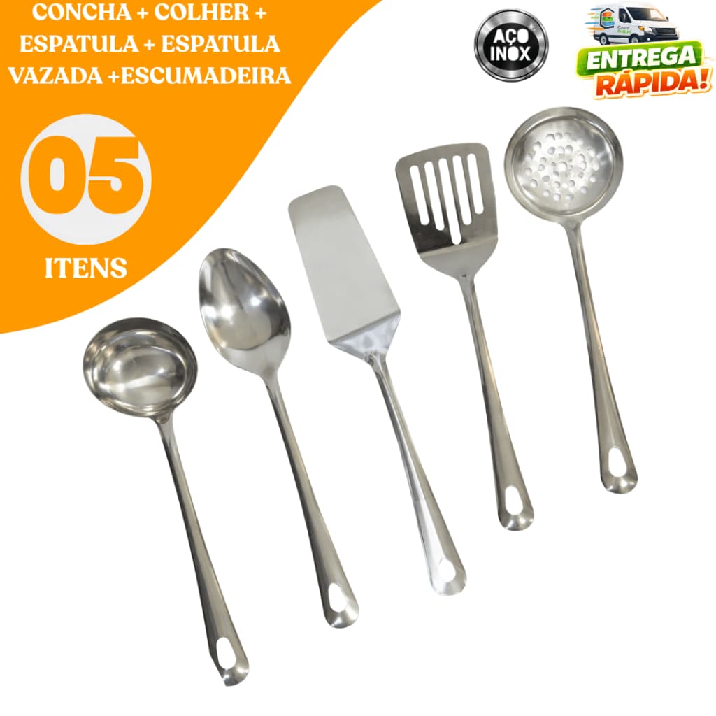 Kit 05/10 Utensílios Inox Alta Qualidade Resistente para Cozinha Restaurante Buffet