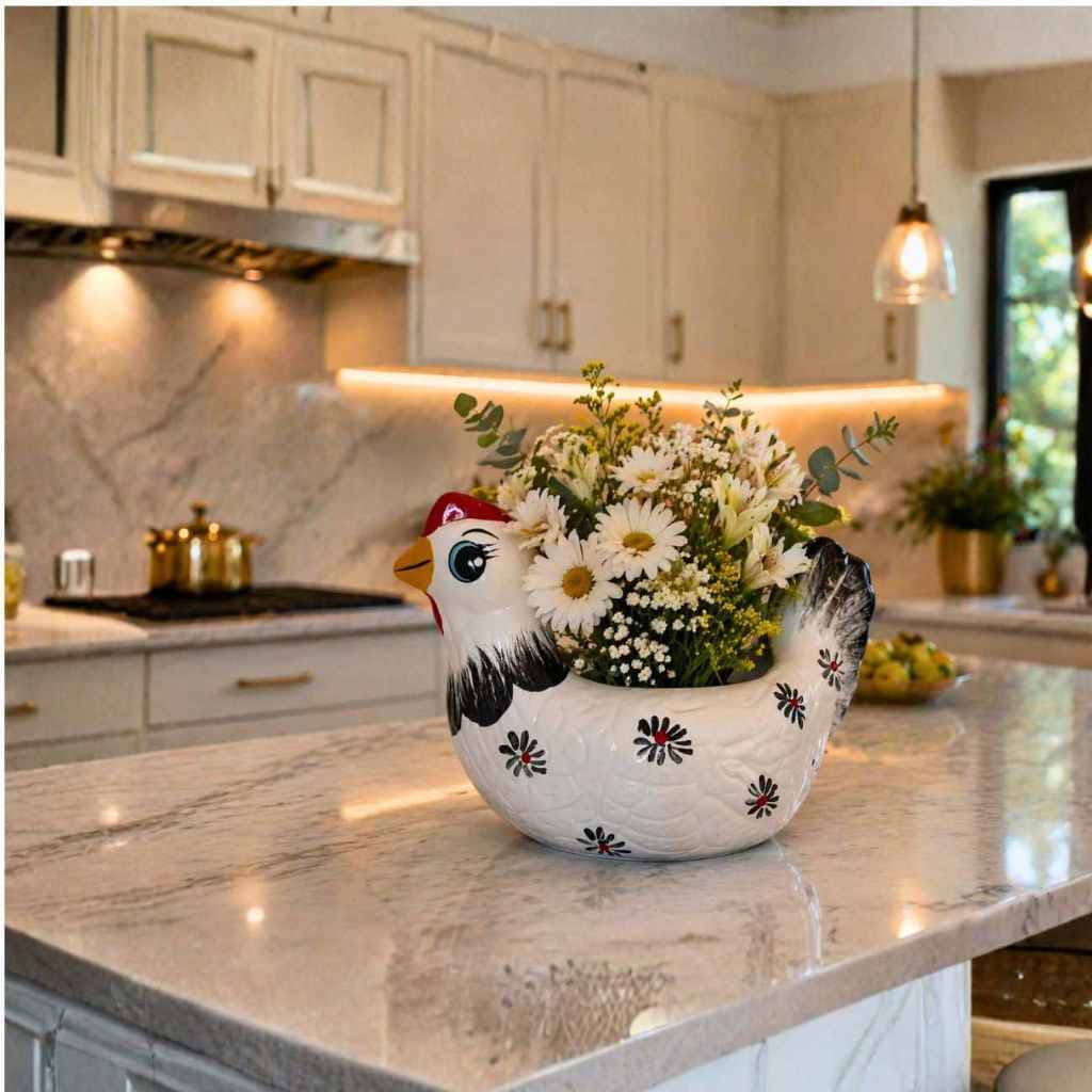 Galinha em Cerâmica Porta Ovos Arranjo de Flores Casa Cozinha Mesa Balcão