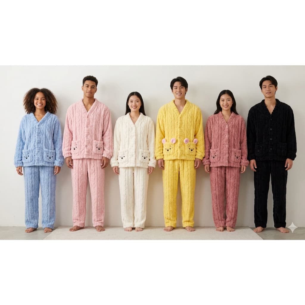 Pijama de Pelúcia Soft Diversas Cores – Conjunto Fleece Ursinho com Textura Trança HY-001
