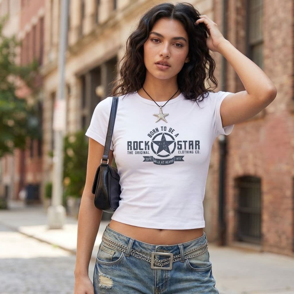 Baby Tee Rock Star Camiseta Feminina Justa Y2K Estampa DTF Malha PV Estilo Gringa Vintage