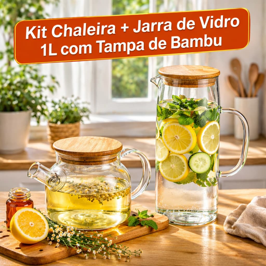 Kit Jarra + Chaleira de Vidro com tampa de Bambu 1L Borossilicado Coador Com Alça Qualidade Premium!
