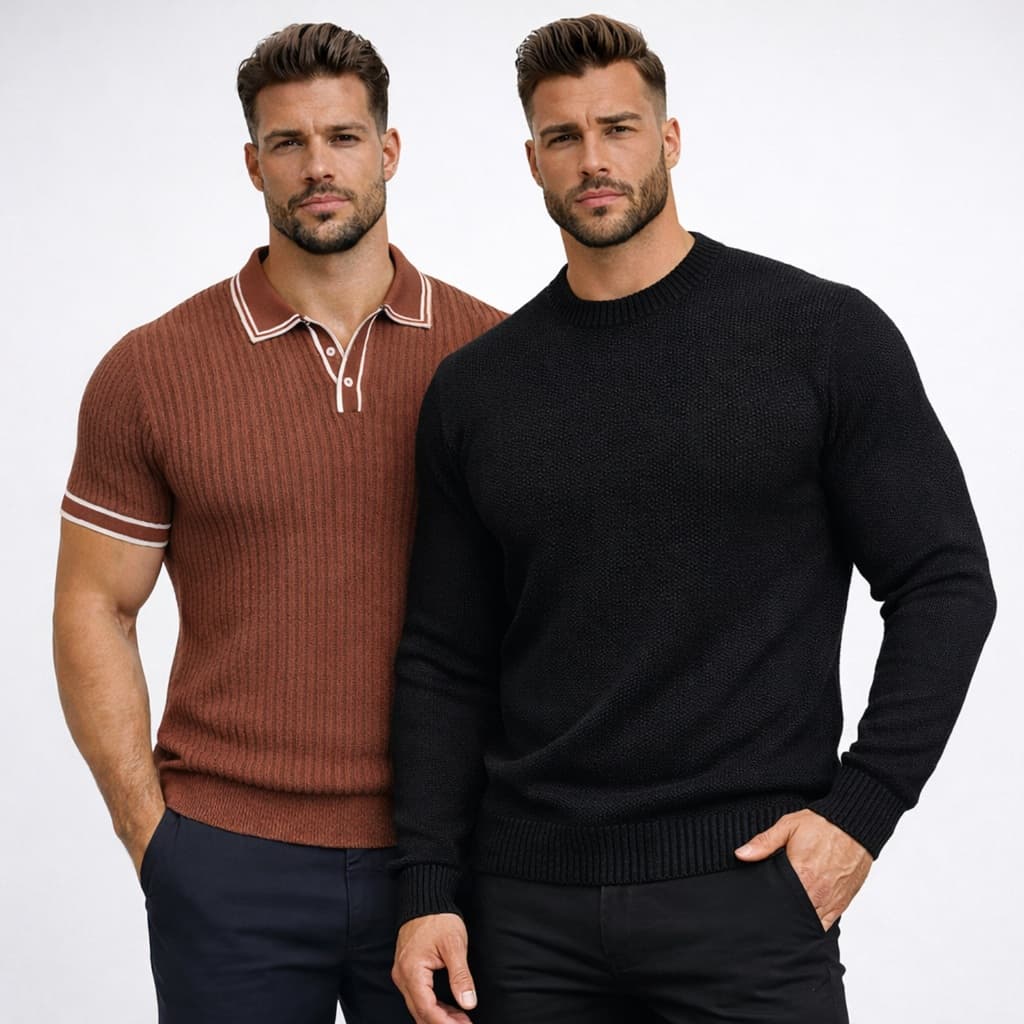 Kit Moda Masculina Camisa Polo Manga Curta Casual Chic Suéter Tricot Minimalista