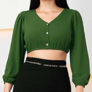 Blusa Cropped Feminina Tecido Duna Manga Longa com Botões