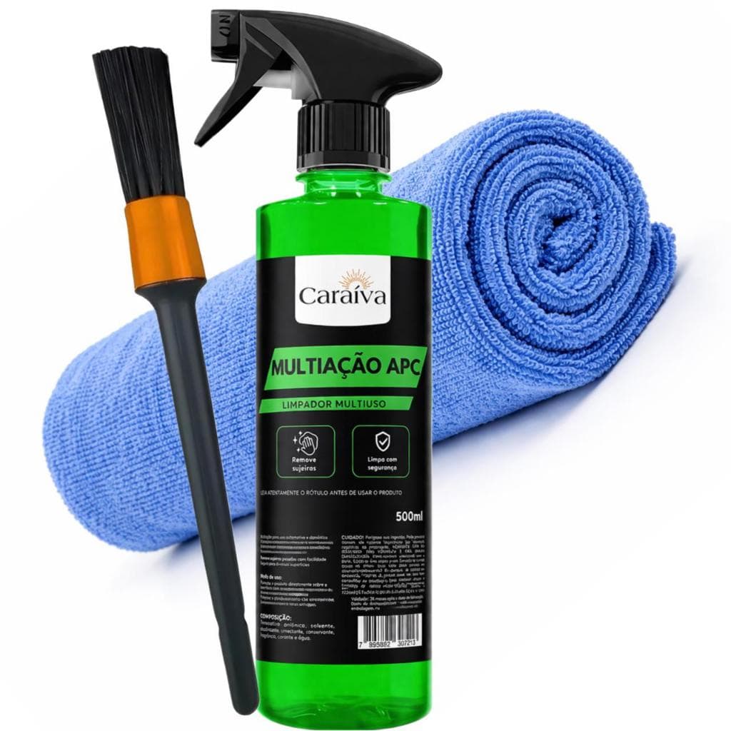KIT LIMPADOR MULTIAÇÃO MULTIUSO APC AUTOMOTIVO LIMPA PAINEL CARPETE TECIDOS BANCOS TETO PINCEL DETALHAMENTO PANO