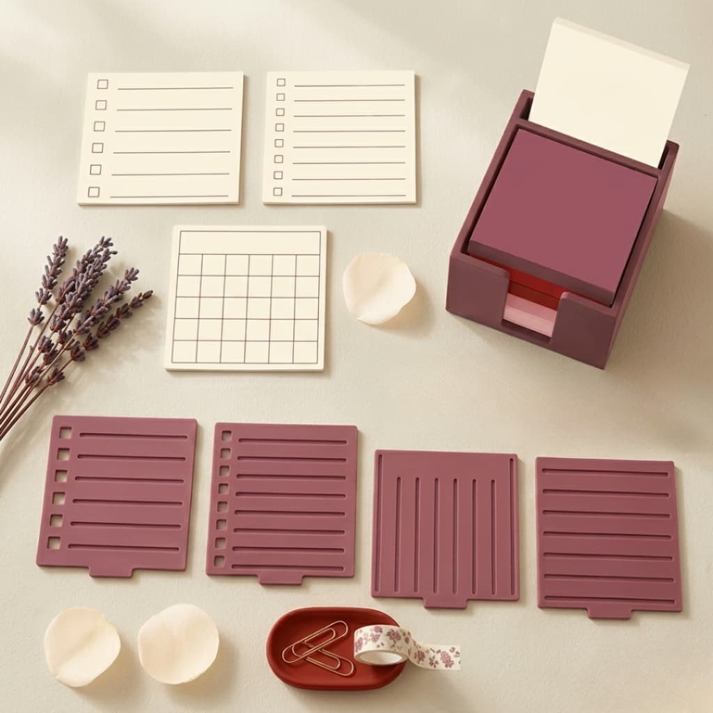 Organizador de mesa para bloco de anotações e  post-it com quatro réguas de estêncil para organizar suas anotações