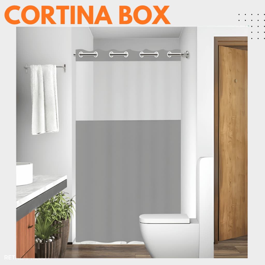 Cortina Em Pvc Para Box Antimofo Com Ilhós 1,38x1,98 com Cinza com visor transparente