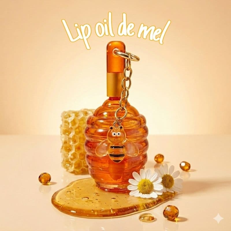 Lip oil de mel com chaveiro | Gloss Labial de mel | Lip oil brilho labial potinho de mel com pingente fofo