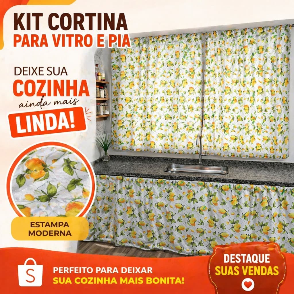 Kit Cortina Cozinha para Vitro e Pia Decorativa Estampada Moderna Promoção