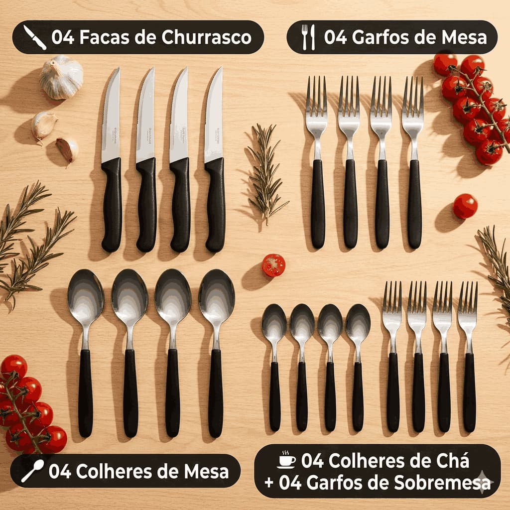 Jogo Talheres Aço Inox 21 Peças Cabo Preto Faqueiro Mesa Completo Original